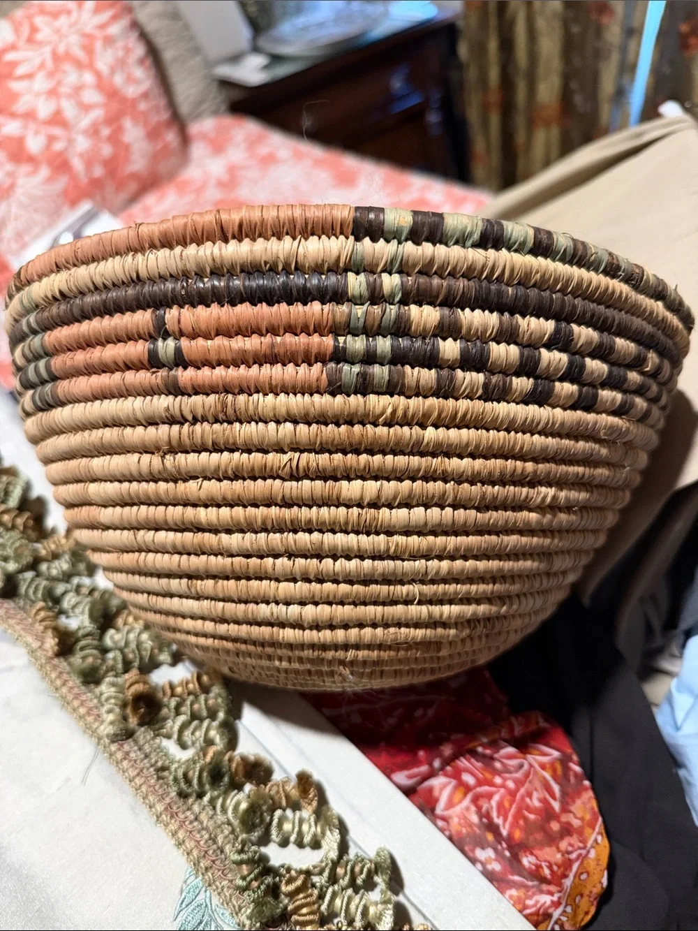 Handwoven Natural and Brown turquoise orange Basket very beautiful color